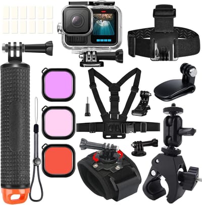 Complete Accessoire Set voor GoPro Hero 13, 12, 11, 10, 9 - Waterdichte Duikbehuizing, Drijvende Handgreep, Borstband, Hoofdband, Polsband, Fence Klem, Cap Klem, Rode Filter en Anti-fog Inserts voor Onderwateravonturen
