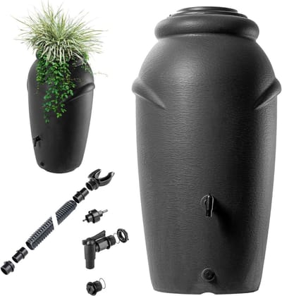 REN® Waterton - Regenton - Watertank - met Kraan, Plantenbak en Deksel - 210L - Zwart - 60cm x 42cm x 113cm