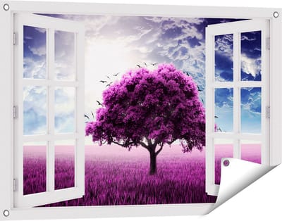 Gards Tuinposter Doorkijk Paarse Boom in het Paars Veld met Vogels - 90x60 cm - Tuindoek - Tuindecoratie - Wanddecoratie buiten - Tuinschilderij