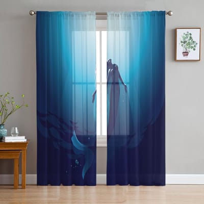 Zeemeerminnen Schubben Oceaan Regenboog Chiffon Transparante Gordijnen ideaal voor Woonkamer Slaapkamer Ruimte Huisdecoratie Raamopening Voiles Tule Gordijn 1 PCS W100XH250cm&Grommet Top