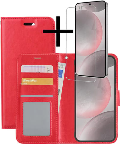 Hoesje - Met Screenprotector - Geschikt voor Samsung Galaxy S24 - Luxe Pasjeshouder - Bookcase Portemonee - Flip Case - Kunstleer Book Case - Flipcase - Book Cover - Walletcase - Portemonneehoes - Rood