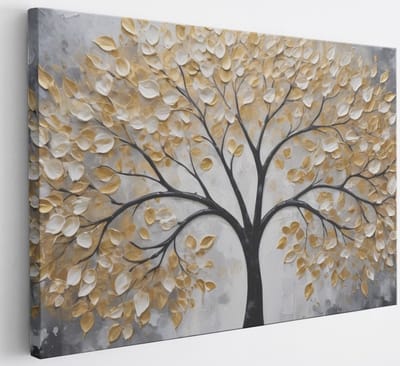 Saammp Canvas Schilderij - Winterboom met goud - Abstract - 30x20 - Foto op canvas - Wanddecoratie - Muurdecoratie Woonkamer - Slaapkamer decoratie - Canvas Print