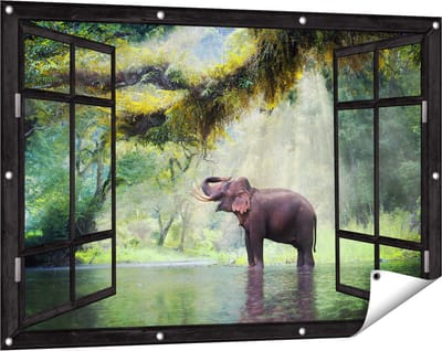 Gards Tuinposter Doorkijk Vrolijke Olifant in het Water - 120x80 cm - Tuindoek - Tuindecoratie - Wanddecoratie buiten - Tuinschilderij