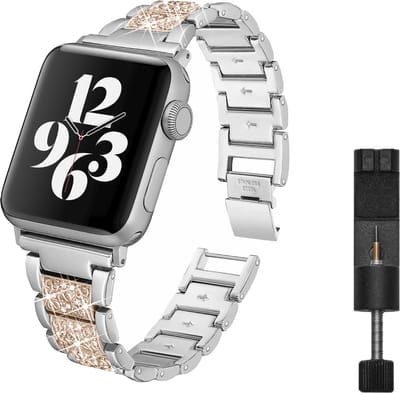 MY PROTECT - Luxe Metalen Diamond Bandje - Geschikt Voor Apple Watch Bandje - Series 1/2/3/4/5/6/7/8/9/10/SE/Ultra - 44mm - 45mm - 46mm - 49mm - Zilver Rosé