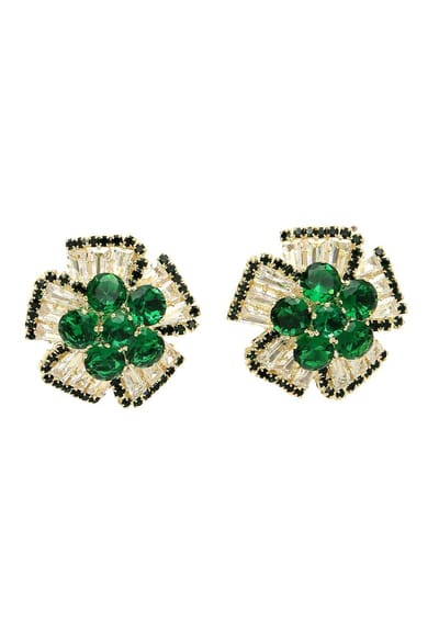 AVANT-GARDE PARIS Oorknoppen - Columbine Studs - Groen Kristal - Goudkleurig - 2,5 cm - Elegant Bloemdesign