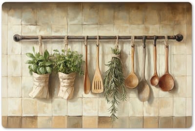 Placemats 45x30 cm - Placemat kunststof - 1 stuk - Hout - Keukengerei - Stilleven - Tegels - Borden onderleggers - Decoratie voor op tafel - Keuken tafeldecoratie accessoires - Vinyl onderlegger - Tafelversiering