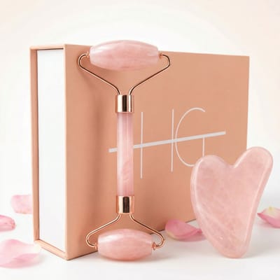 HG Aesthetics Jade Roller met Gua Sha – Gezichtsroller & Face Roller Set – Natuurlijke Rozenkwarts – Voor Gezichtsmassage, Huidverzorging & Ontspanning – Roze – Cadeau voor Haar