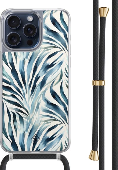 Casimoda® hoesje met zwart koord - Geschikt voor iPhone 15 Pro Max - Japandi Waves - Afneembaar koord - TPU/polycarbonaat - Blauw