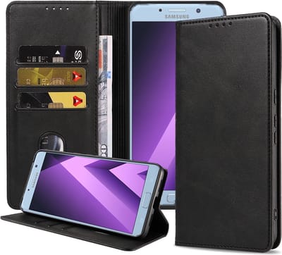 Smartphonica Samsung Galaxy A7 2017 kunstleren hoesje met magnetische sluiting en pashouders book case - zwart geschikt voor Samsung Galaxy A7 (2017)