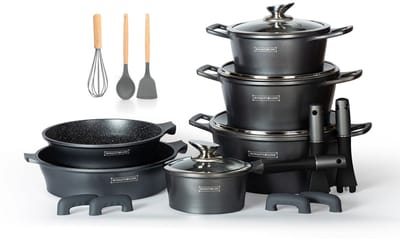Royalty Line® ES1014 Inductie Pannenset - 17 Delige Pannensets - Met Afneembare Handvaten - Ovenbestendig - Pannen Voor Alle Warmtebronnen - Antiaanbaklaag - Zilver