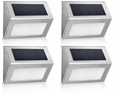 Solar Wandlamp Buiten - 4 Stuks - RVS - Warm Licht 3000K - IP65 Waterdicht - Automatisch Aan/Uit - Tuinverlichting voor Schutting, Trap en Pad