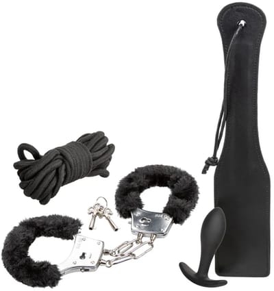 Sensationsdeluxe - BDSM Pleasure Kits - Bondage - Hand boeien - Spatel - Touw - Buttplug