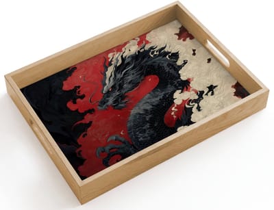 Dienblad hout 40x30 cm - Schootdienblad - Zwarte draak - Rookwolken - Rood - Borrelplank rechthoek - Plateau dienbladen
