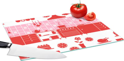 Glazen Snijplank - 39x28 - Patronen - Pannen - Design - Huis - Roze - Snijplanken Glas