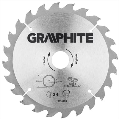 Graphite 57H674 Cirkelzaagblad voor Hout 200mm, Asgat 30mm, Tanden 24, Dikte 3,2, Vulringen 16/20/25, TCT