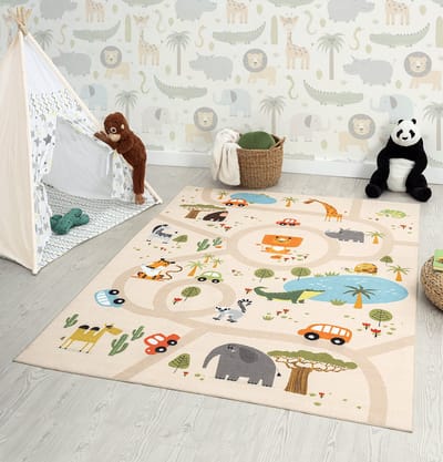 the carpet Happy Life Kindertapijt Jungle Safari – Wasbaar Speelkleed voor Kinderkamer, Beige, 80 x 150 cm