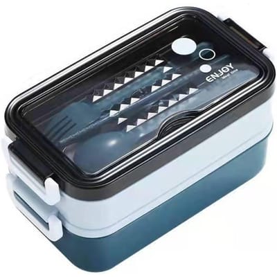 1 stuks 1400ml Dubbellaagse Lunchbox Draagbare Compartiment Voedseldoos Magnetron Lunchbox Met Vork Eetstokjes En Lepel Picknick Vers 3&1400ml&2