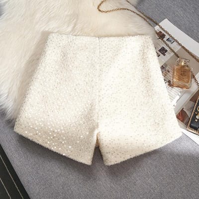 Korte broek met klein geurmotief, wit paillettendesign, voor dames, nieuw, winter, lief en pittig, trendy, hoge taille, casual boot pants M wit