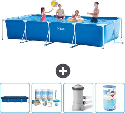 Intex Rechthoekig Frame Zwembad - 450 x 220 x 84 cm - Blauw - Inclusief Afdekzeil - Onderhoudspakket - Zwembadfilterpomp - Filter - 5-delig