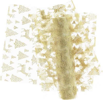 Unique Living Decoratie stof/tafellopers - 2x - goud - rendieren en kerstbomen - 300 x 28 cm