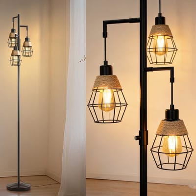 MUPOO Industriële Vloerlamp Zwart - Dimbare Staande Lamp 6W & H 168cm met 3 Lichtpunten & Metaaldraad Kap - Hoge Vintage Lees- en Hoeklamp als Vloerlampen Woonkamer voor Slaapkamer, Eetkamer, Kantoor