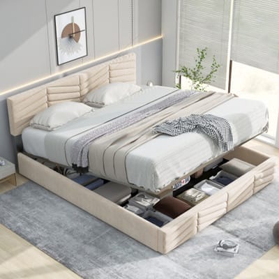Gutent-Gestoffeerd bed 140x200 cm-met lattenbodem en hoofdbord-eenvoudige montage-Hollands fluweel-beige
