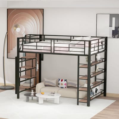 Wishdor Hoogslaper 140x200 cm - Opbergladetrap & Garderobe - Planken - Hoog Valhek - Zwart Metaal/MDF - Stoer & Compleet