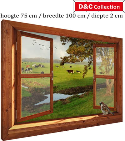Tuinposter doorkijk bruin venster voor buiten - 75x100x2 cm - tuindoek op houten frame - bruin venster - koeien - weiland - mus - tuindecoratie - buiten - tuinschilderij