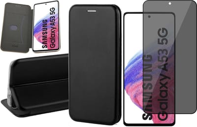 Hoesje geschikt voor Samsung Galaxy A53 - Book Case Kunstlederen Wallet Cover Minimalistisch Pasjeshouder Hoes Zwart - Tempered Glass Privacy Screenprotector