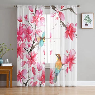Lente aquarel bloem vogel tule gordijnen voor woonkamer slaapkamer pure gordijn voor balkon hal mode bedrukte huisgordijnen 135W x 114H(cm) white