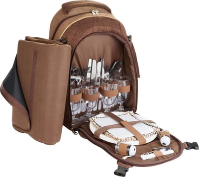 BRUBAKER Picknickrugzak voor 4 personen - Picknickmand - bruin, 28,5 × 42,5 x 19 cm, incl. koelvak + fleece picknickkleed met waterdichte onderkant