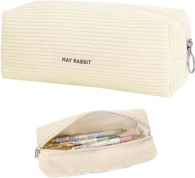 Etui van corduroy, stijlvolle etui, beige, grote capaciteit, draagbaar, beige, voor meisjes en jongens, tieners, etui met ritssluiting, voor school, kantoor, school, reizen (19 x 6 x 7 cm), beige