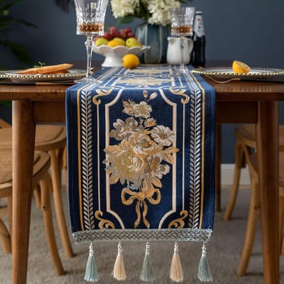 tafelloper met meerdere kwastjes, lang elegant borduurwerk jacquard tafelloper dressoir sjaal voor eetkamer feest banket salontafel, blauw, 35,5 x 304,8 cm