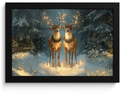 Poster in lijst - Fotolijst 30x20 cm - Posters - Dennensprookje - Rendier - Nacht - Posterlijst zwart - Decoratie - Wanddecoratie woonkamer - Muurdecoratie slaapkamer