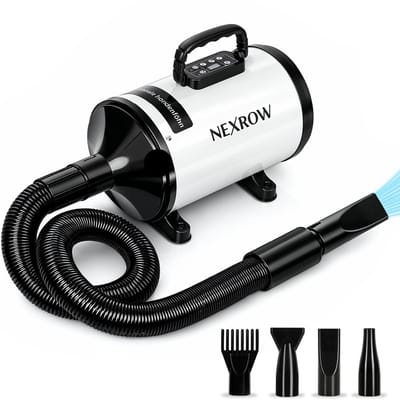 NEXROW® Professionele Hondenföhn 3800W – Waterblazer voor Honden met LCD Display – Stil Design met Negatieve Ionen Functie – 4 Opzetstukken – Wit