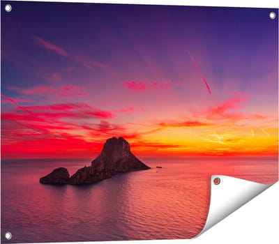 Gards Tuinposter Ibiza Rotsen Eiland bij Zonsondergang - 80x60 cm - Tuindoek - Tuindecoratie - Wanddecoratie buiten - Tuinschilderij