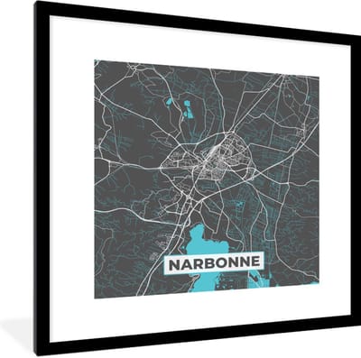 Fotolijst incl. Poster - Plattegrond – Kaart – Stadskaart – Frankrijk – Narbonne - 40x40 cm - Posterlijst