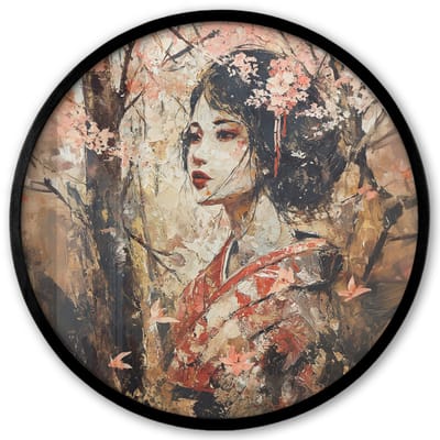 Poster in lijst Rond - Fotolijst 40x40 cm - Posters - Kimono - Vrouw - kersenbomen - Ronde posterlijst zwart - Decoratie - Wanddecoratie woonkamer - Muurdecoratie slaapkamer