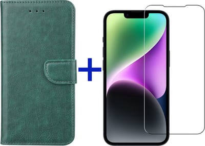 iPhone 14 hoesje bookcase met pasjeshouder + screenprotector voor iPhone 14 - Groen