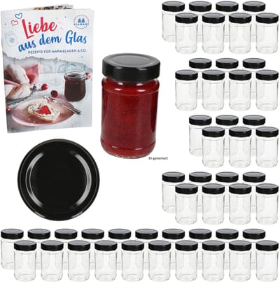 50-delige set jamfles / hoge randfles 220 ml Deep TO 58 (DTO) zwarte deksel inclusief receptenboekje