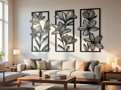 VAILLA 3-delige bloemen wanddecoratie van hout 84x45c cm, 3D muurdecoratie voor woonkamer en slaapkamer