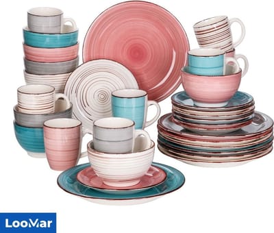 LooMar Serviesset – 32 delig – 8 persoons –Porselein - Luxe – Bordenset – Dinner platen – Dessertborden - Kommen - Mokken - Set - Roze - Wit - Blauw - Multi Color