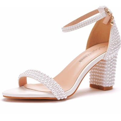 7cm Hoge Hak Lage Opening Eén Band Sandalen Ronde Neus Vierkante Neus Sandalen Witte Parel Bruiloftsschoenen Grote Maat 44 Maat 45 36 white