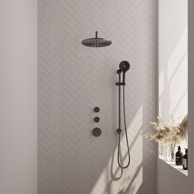 Brauer Gunmetal Carving thermostatische inbouw regendouche SET 22 met 30 cm douchekop en gebogen muurarm en 3-standen handdouche en doucheslang en geïntegreerde glijstang gunmetal geborsteld PVD
