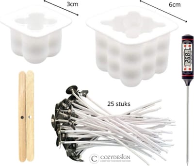 Beginners kaarsen maak set - Kaarsen maken - Kaars mal bolletjes - Set van 2 siliconen mallen - 25 Lonten - 2 Lontenhouders - Digitale thermometer