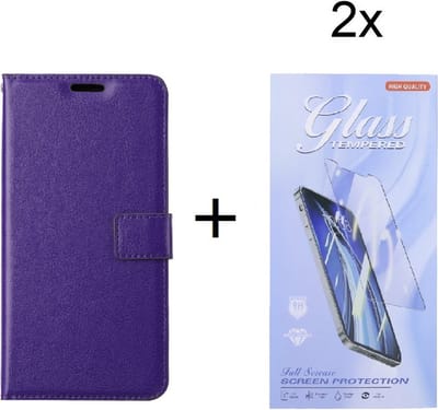 Bookcase Geschikt voor: Motorola Edge 30 Pro - Paars - portemonnee hoesje met 2 stuk Glas Screen protector