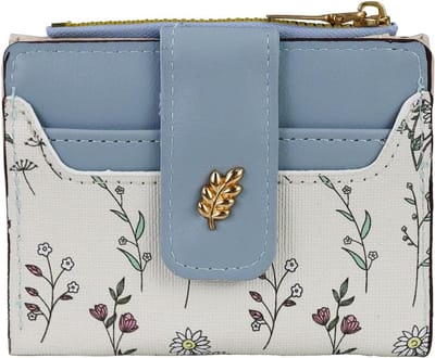Dames Kleine Portemonnee, PU Bifold Wallet met ID Venster en Ritsvak, Lichtgewicht Bloemenpatroon in Blauw, Modern Design voor Vrouwen