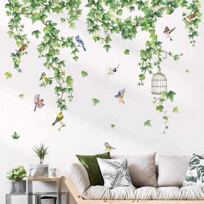 Famanu – Hangende Wijnstok Klimop Muurstickers Vogels Groene Planten Evergreen Bladeren Muurstickers Woonkamer Slaapkamer Achtergrond Muur Decor