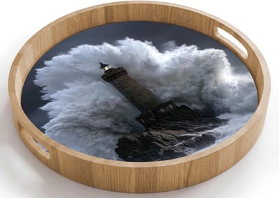 Dienblad rond 40x40 cm - Schootdienblad hout - Golf - Vuurtoren - Schuimend water - Borrelplank rechthoek - Plateau houten dienbladen