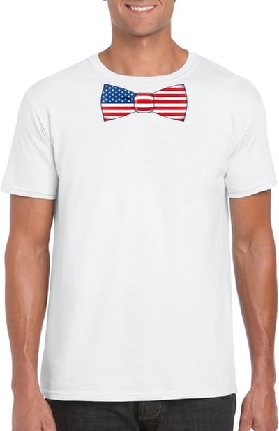 Wit t-shirt met Amerikaanse vlag strikje heren - Amerika supporter S